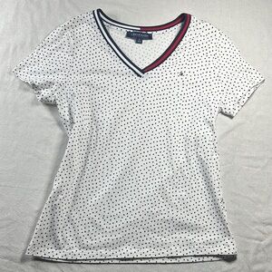 Tommy Hilfiger White and Black Polka Dot V-Neck Tee